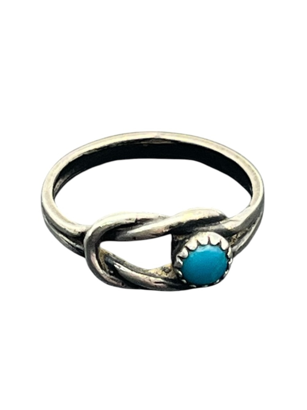 Turquoise stone baby pinky sterling silver handmade knot ring size 2 vintage